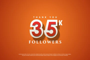 35k followers celebration on orange background.