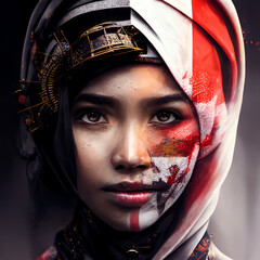 young Indonesian attractive woman with makeup in colors of Indonesian flag and a headdress or headscarf in flag colors of Indonesia, front view, eye contact. Generative AI