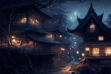 Fototapeta premium Fantasy Japanese Village at Night, Concept Art, Digital Illustration