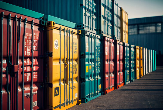 Shipping containers side by side and stacked with fictitious symbols fictitious language of a fictitious alphabet. Generative AI