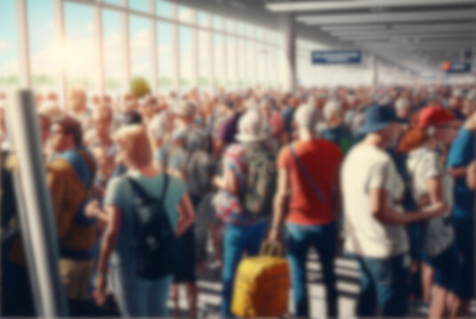 Mass tourism, blurred image view of crowded airport, airport terminal with masses of people. Generative AI