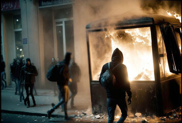 fictional looting or demonstration, robbery or theft, masked men on a street in a city commit violence. Generative AI