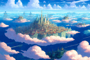 アニメ映画風の街や施設の背景のイラスト(AI generated image)