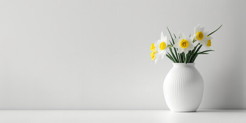 White daffodils in a vase on a wooden table. Front view. Place for text, copy space, mockup. Generative AI