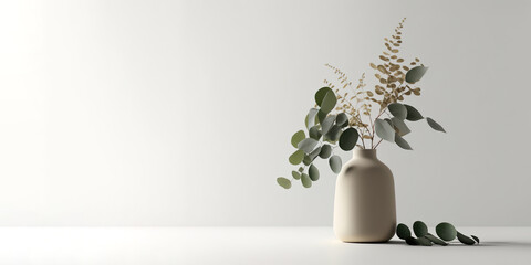 Green eucalyptus leaves in ceramic vase on white table. Front view, empty wall background. Place for text, copy space, empty space. Generative AI