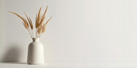 Dried pampas in a vase on the beige table with blank copy space. Front view, empty wall background. Place for text, copy space, empty space. Generative AI