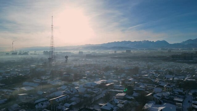 Bishkek, Kyrgyzstan - January 5, 2023: Aerial view of Bishkek city's Ala-Too central square
