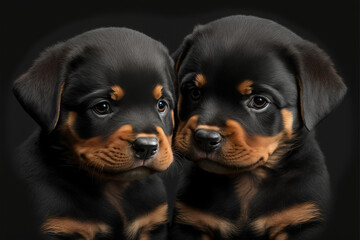 Obraz premium A very cute portrait of two sweet Rottweiler puppies looking with big expressive eyes. An image of a pet dogs. Close up photo Created by Generative, digital art.