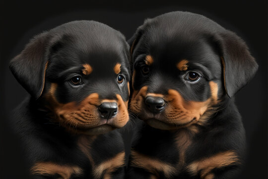A very cute portrait of two sweet Rottweiler puppies looking with big expressive eyes. An image of a pet dogs. Close up photo Created by Generative, digital art.