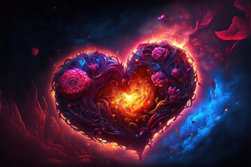 Glowing heart with flowers and flame in the center, abstract art, generative AI