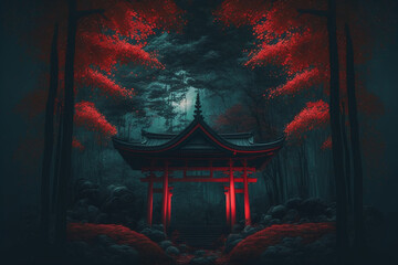 In front of the Japanese shrine entrance, at night lit by the moon, red leaves With Generative AI - obrazy, fototapety, plakaty