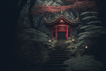 In front of the stairs leading up to the red Japanese shrine in a deep forest, covered with trees and leaves With Generative AI - obrazy, fototapety, plakaty