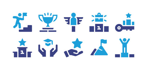 Success icon set. Duotone color. Vector illustration. Containing stairs, success, career, key, podium, goal, star, achievement, winner.