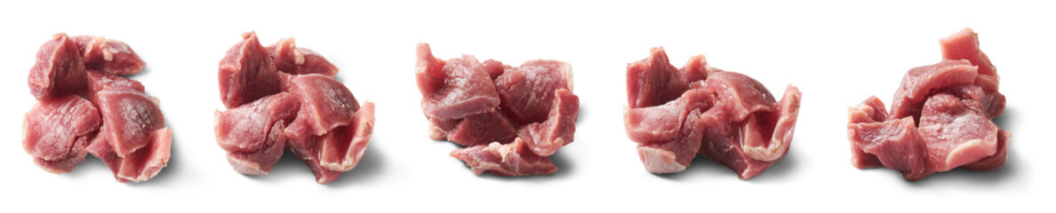 pile of fresh raw beef, set of chopped meat in different angles isolated on white background, collection