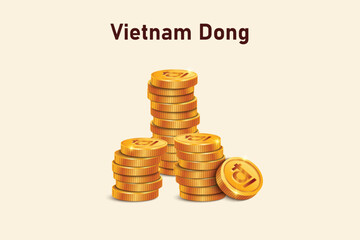 Stack of Vietnam Dong gold coins. Realistic 3D gold coins. Ecommerce free credit concept.