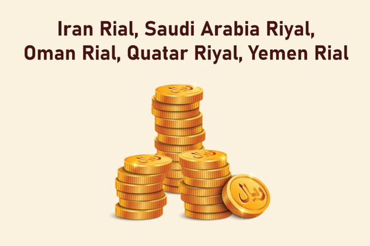 Stack of Riyal or Rial gold coins. Realistic 3D gold coins. Ecommerce free credit concept.