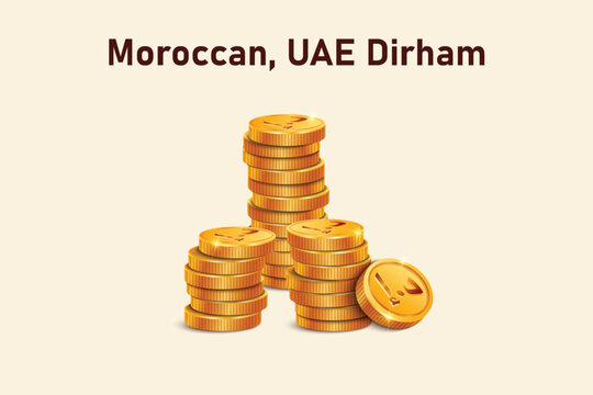 Stack of Dirham gold coins. Realistic 3D gold coins. Ecommerce free credit concept.