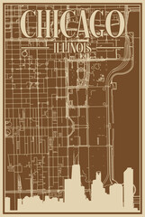 Brown hand-drawn framed poster of the downtown CHICAGO, ILLINOIS with highlighted vintage city skyline and lettering