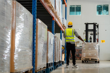 Two African workers working in a warehouse Organize the product system with a forklift truck. transportation industry.