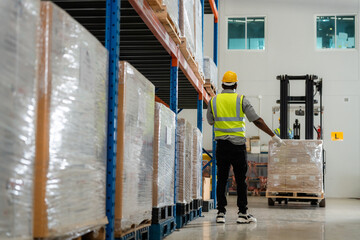 Fototapeta premium Two African workers working in a warehouse Organize the product system with a forklift truck. transportation industry.