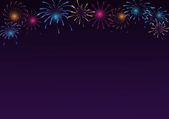 Colorful fireworks with holiday celebration symbols on purple and black color background, empty space for design logo and content, creative design vector illustration.