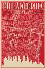 Red hand-drawn framed poster of the downtown PHILADELPHIA, PENNSYLVANIA with highlighted vintage city skyline and lettering