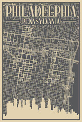 Grey hand-drawn framed poster of the downtown PHILADELPHIA, PENNSYLVANIA with highlighted vintage city skyline and lettering