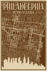 Brown hand-drawn framed poster of the downtown PHILADELPHIA, PENNSYLVANIA with highlighted vintage city skyline and lettering