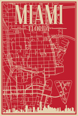 Red hand-drawn framed poster of the downtown MIAMI, FLORIDA with highlighted vintage city skyline and lettering