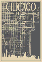 Grey hand-drawn framed poster of the downtown CHICAGO, ILLINOIS with highlighted vintage city skyline and lettering