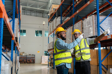 African male workers interact in a factory warehouse for export business.