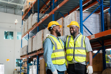 Two african workers talking and smiling in a warehouse.