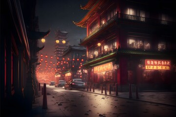 Chinese lantern and chinese temple lights up in chinese lunar year celebration, generative ai