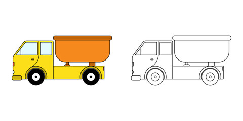 coloring page or book for children. Dump truck illustration in a hand-drawn outline style isolated white background