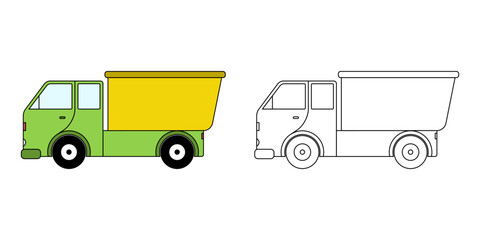 coloring page or book for children. Dump truck illustration in a hand-drawn outline style isolated white background