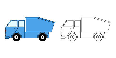 coloring page or book for children. Dump truck illustration in a hand-drawn outline style isolated white background