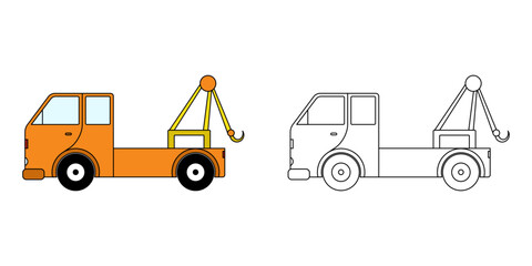 Fototapeta na wymiar coloring page or book for children. Tow truck illustration in a hand-drawn outline style isolated white background