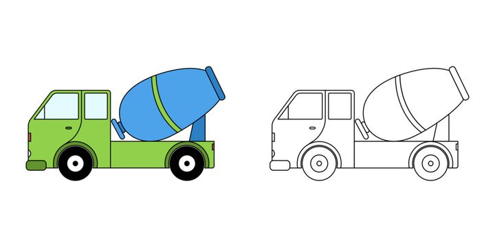 coloring page or book for children. Mixer truck illustration in a hand-drawn outline style isolated white background