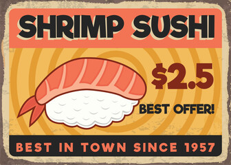 Shrimp sushi Japanese cuisine promotional retro advertisement poster vector template
