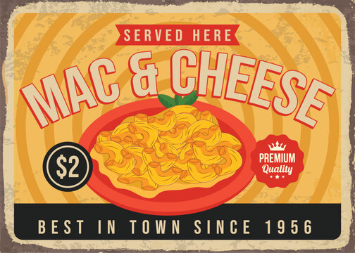 Mac and cheese retro restaurant advertisement poster vector template