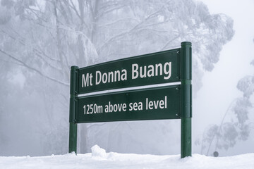 Mt Donna Buang, Victoria, Australia - Mt Donna Buang sign with snowy background