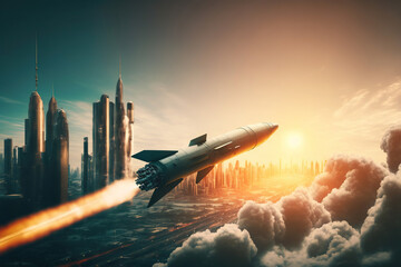 A rocket flying above a modern city, ballistic missile , generative ai - obrazy, fototapety, plakaty