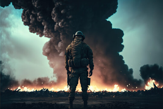 A soldier looking at a burning battlefield, Generative AI