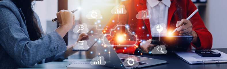 man use Laptop with cloud computing diagram show on hand. Cloud technology. Data storage....