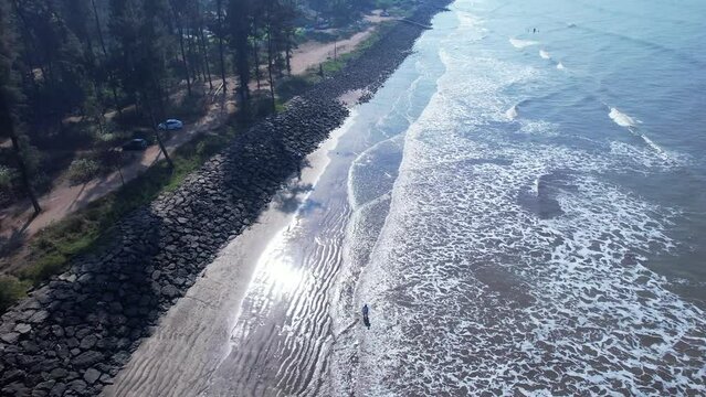 Aerial footage of Varsoli beach at Alibag, located 125 kms from Pune on the West Coast of Maharashtra India.