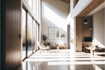 Fototapeta na wymiar Light Interior Room With Modern Architecture and Natual Light White Walls And Wooden Accents