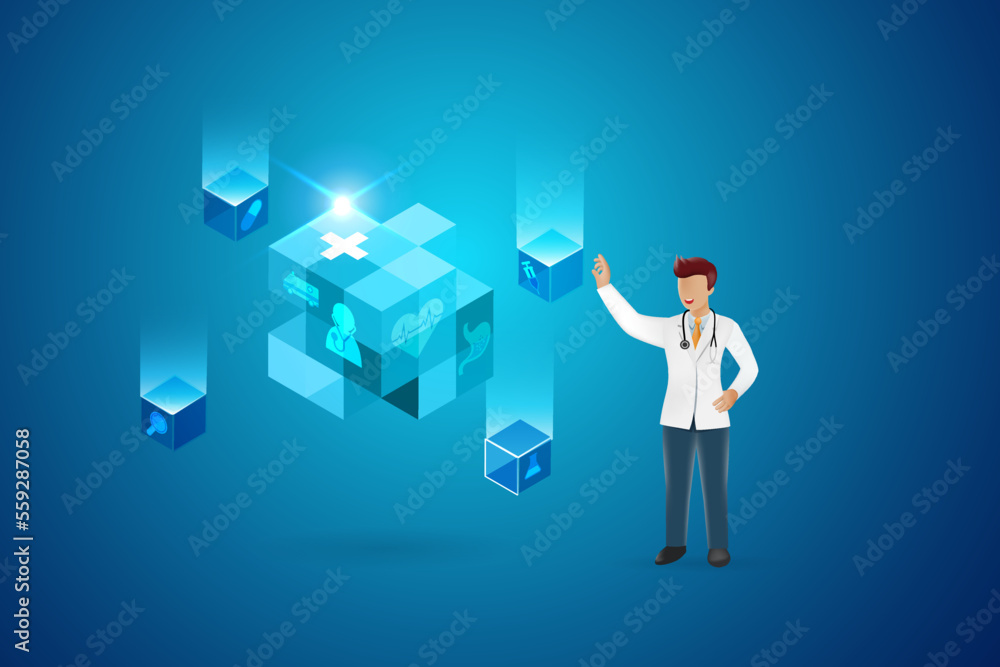 Poster medical cybernetics and block chain. doctor analyzing medical big data in block chain technology sys