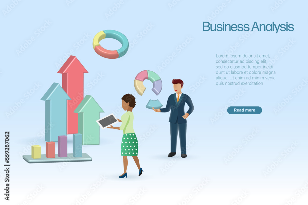 Poster business team analyzing graph chart. business development tools for success growth with diverse team