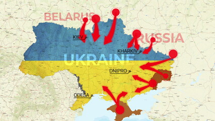 Ukraine war Animated map of Russia invasion of Ukraine, the movement of troops. as of February 24, 2022, UHD 4K 3D Renderd