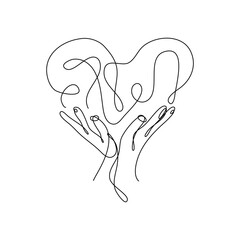 heart shaped hands One Continuous Line Drawing. Valentines day concept. Trendy minimalist line art illustration. Love Minimalist Contour Art. Vector illustration